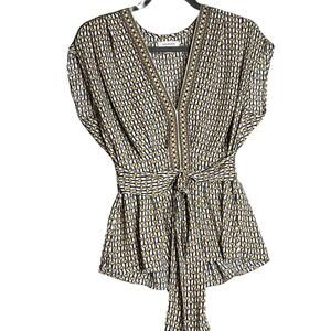 Max Studio Women's Sleeveless Belted V Neck Gold Blue Career Blouse Size M